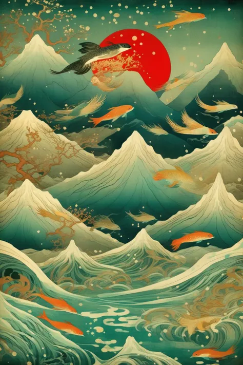 <lora:Victo Ngai Style:1>Victo Ngai Style - mountains and rivers,by Victto Ngai, Tibetan Painting, Wildlife Photography style background