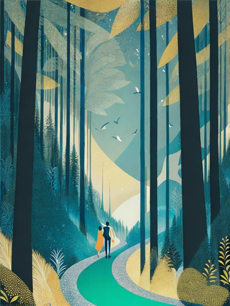 A couple walking through a forest with a river and trees - SeaArt AI