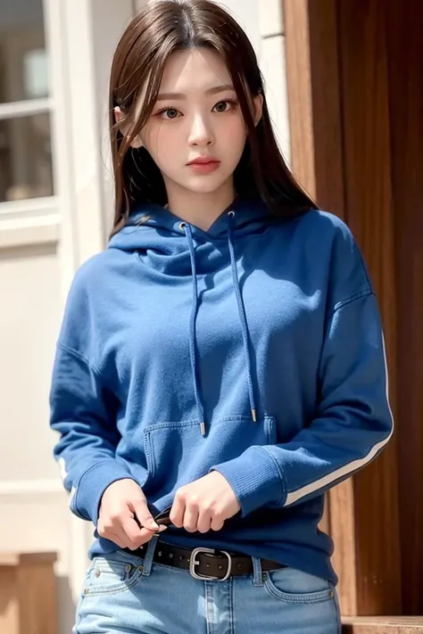 A Japanese milf, photo of one girl, Slender figure, Realistic teeth, wearing oversized hoodie, down hood, smile, full-body, masterpiece, best quality, detailed, beauty, Pub, indoor,