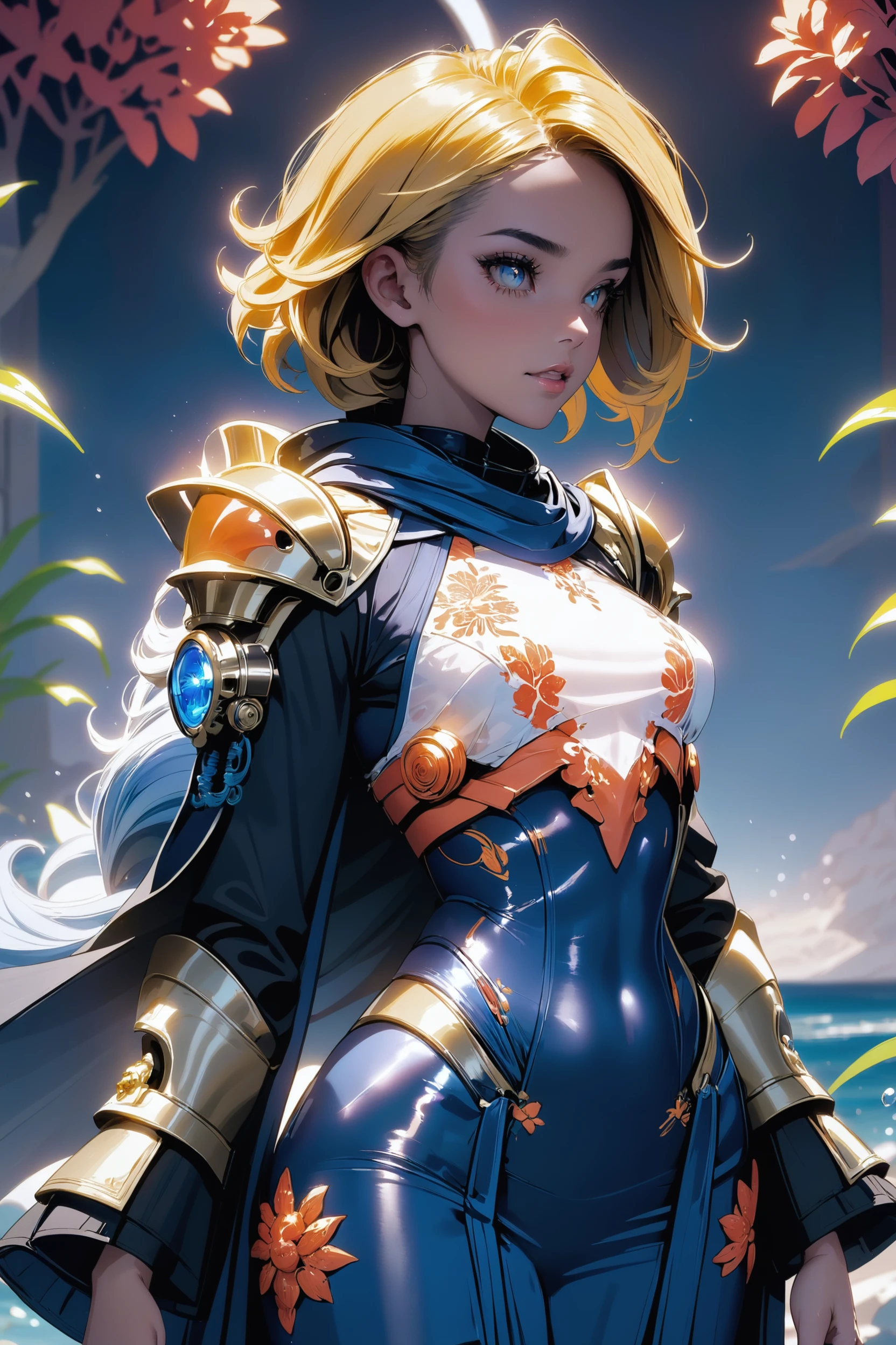 Female Argent Drift power armor, Azure Ocean Mage Robe with Coral Accents: Shades of blue mimic the vast oceans, and intricately crafted coral pieces serve as decorative trims, giving the robe an aquatic allure., shimmering dark goldenrod robes with intricate infra red-orange patterns, warmly lit interior, in a Spacious Nomad tent<lora:roscosmos-sdxl-adam-e-000032:1>