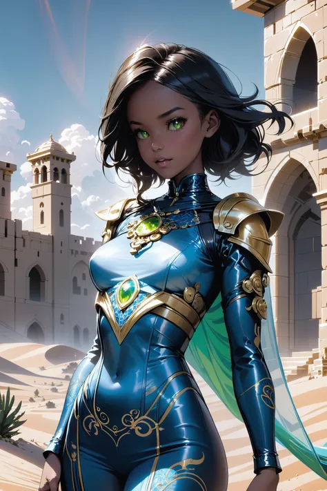 Female Dawn's Mesh plugsuit, Desert Mirage Sorcerer Robe with Shifting Sands: The robe appears as if crafted from golden desert sands, with the shimmering patterns constantly shifting and changing like mirages in the hot sun., reflective bright blue robes with intricate shimmering  green patterns, noon, blue sky, clouds, architecture, scary Roguecore winery in a Ancient Ruins<lora:roscosmos-sdxl-adam-e-000032:1>