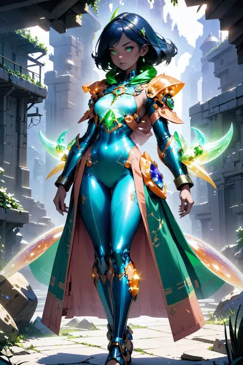 Female Infinite Gossamer power armor, Crystal Caverns Warlock Robe with Geode Pockets: Translucent crystals are woven into the fabric, and pockets crafted from colorful geodes shimmer with an internal glow., iridescent light blue-green and glimmering dark peach background<lora:roscosmos-sdxl-adam-e-000032:1:1:lbw=LYCO_OUTALL>