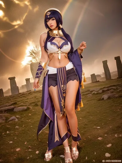 medium shot a stunning detailed background (standing stones outside at sunrise, stormy weather foggy, ((moss covered Stonehenge,))), moonlight,midnight, dark, )standing in a dark room, mid age, milf, dark theme,masterpiece, best quality, realistic, photo of fit sexy 30 year oldgirl(huge breasts:1.5), ( beautiful very long (Jet black) Rope braid hair:1.5, Rose lips,) flicked, detailed face,:1.5 detailed body, full body, intricate, High Detail, Sharp focus (perfect female form, perfect face:1.5, beautiful eyes,:1.5 eyeliner, expressive eyes, calm expression), light sensual smile, ,smooth skin,navel ( ((perfect eyes)), (detailed pupils) depth of field,elaborate embroidery\\n(((medium shot))) (realistic:1.5) midriff, abs, deep cleavage:1.5 ((vibrant rainbow colorful) )shimmering luminous <lora:kandisi_20230731015343:0.7>kandisi