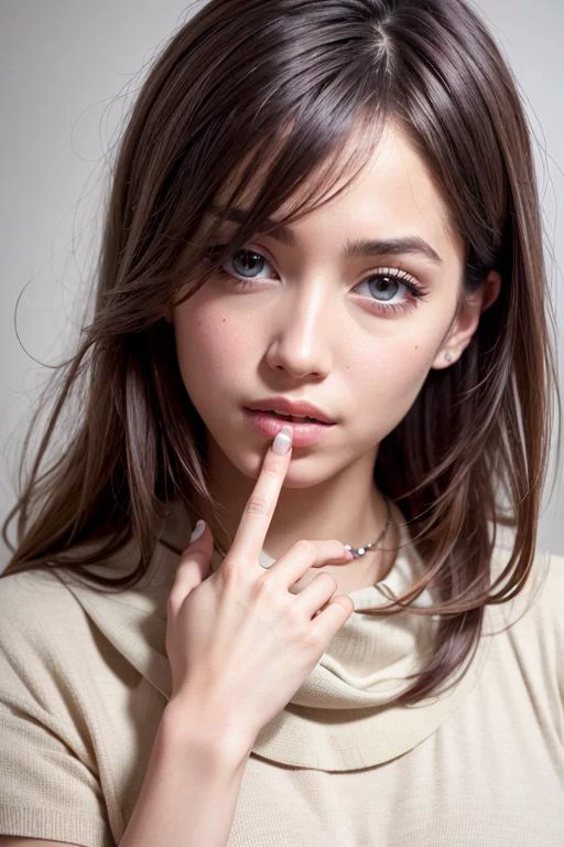 girl, close-up, looking at viewer, wispy swept bangs, hand on own cheek, portrait, ((sleevless blouse, shawl)), bracelet, pastel manicure, thick eyebrows, simple background, super model, fashion model, parted lips, (High Key Lighting, makeup), blush, rouge \(makeup\),
masterpiece, top quality, best quality, official art, unity 8k wallpaper, highres, ultra-high res, ultra-detailed, beautiful and aesthetic, (photorealistic:1.4), <lora:add_detail:0.5>
