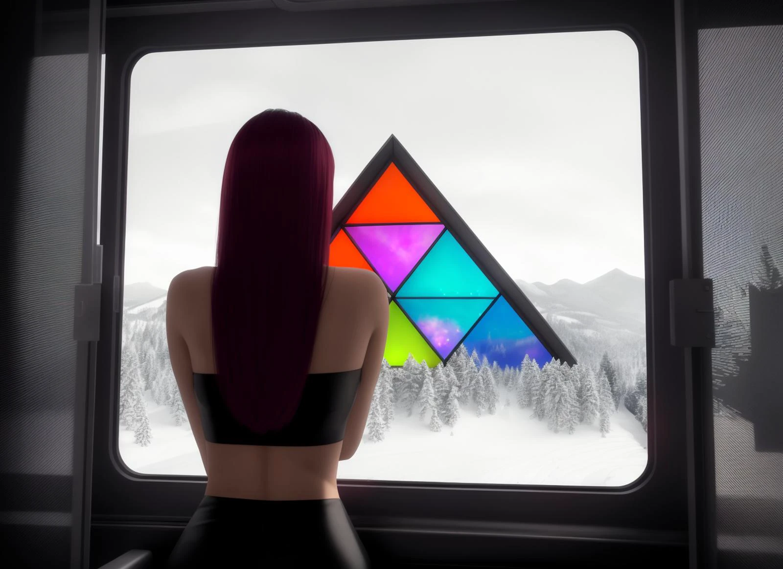 three cornered window, back of head shot of (woman looking out of triangle window:1.1), 3rd person, Looking out the triangular window of a (train:1.1) with triangular windows, triangular windows and triangular, wheels, in a fantasy world,
psychedelic, geometric, vivid light, high contrast, triadic colors, dark shadows, explosions, nuclear mushroom cloud, nuclear explosion, dystopian nightmare,
(beautiful composition),
21 yo woman,