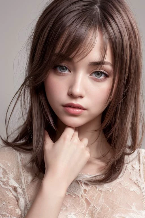 girl, close-up, looking at viewer, wispy swept bangs, hand on own cheek, portrait, ((sleevless blouse, shawl)), bracelet, pastel manicure, thick eyebrows, simple background, super model, fashion model, parted lips, (High Key Lighting, makeup), blush, rouge \(makeup\),
masterpiece, top quality, best quality, official art, unity 8k wallpaper, highres, ultra-high res, ultra-detailed, beautiful and aesthetic, (photorealistic:1.4), <lora:add_detail:0.5>
