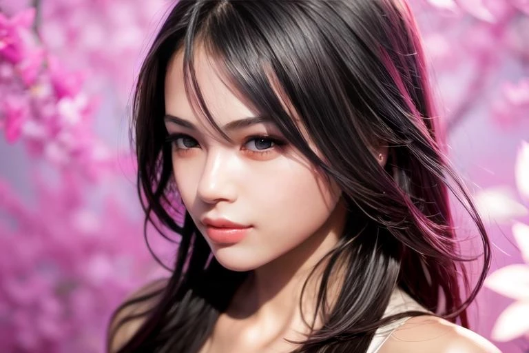 (Photo realistic:1.3, high resolution:1.2), best quality, detail background, a girl, solo, upper body, looking at viewer, abstract background, fractal art,
BREAK
full of colorful flower petals, long hair, makeup, parted lips, orange lips, eyeliner, long nose,
<lora:flat2:-0.69>