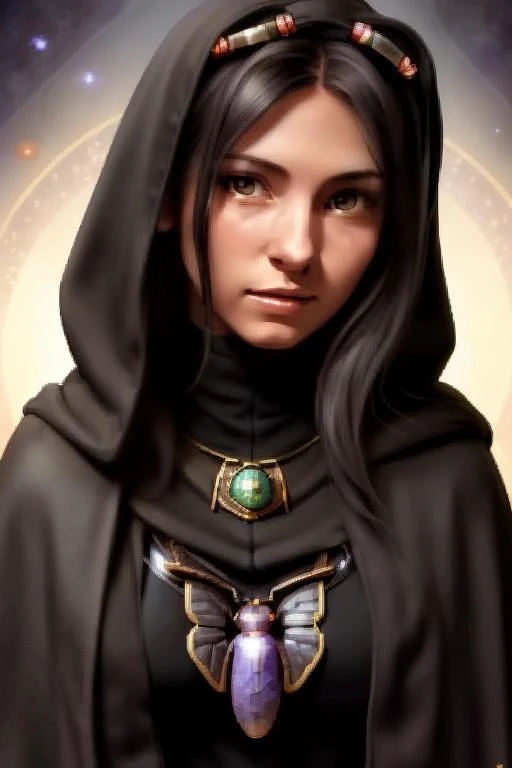 <lora:Baldur's Gate 1 Portraits:0.5>, Baldur's Gate official portrait, character, fantasy_character, 1024x768, female, druid, innocent, black hair, shy moniker, masterpiece, (insect themed cloak), (scarab brooch), highest quality, highest quality visuals, highest details