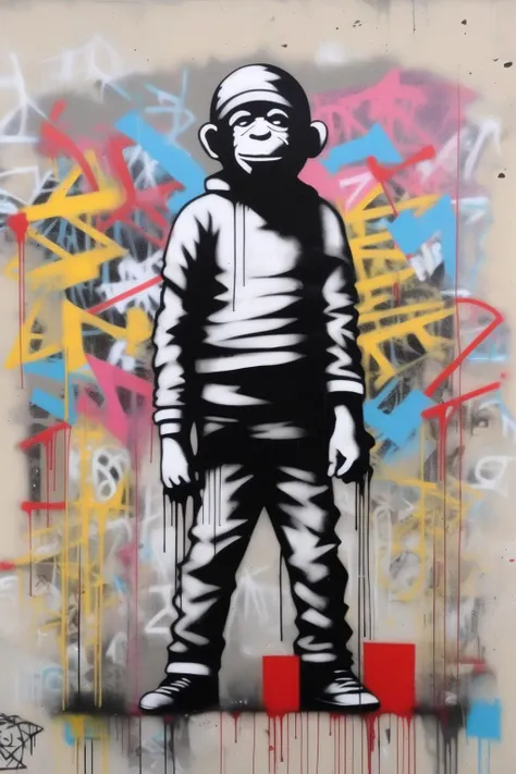 <lora:Martin Whatson Style:1>Martin Whatson Style - Generate a graffiti piece that is in the style of banksy but also needs to be geometric and contemporary