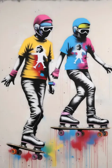 <lora:Martin Whatson Style:1>Martin Whatson Style - pair of colorful rollerskaters rendered in a banksy style