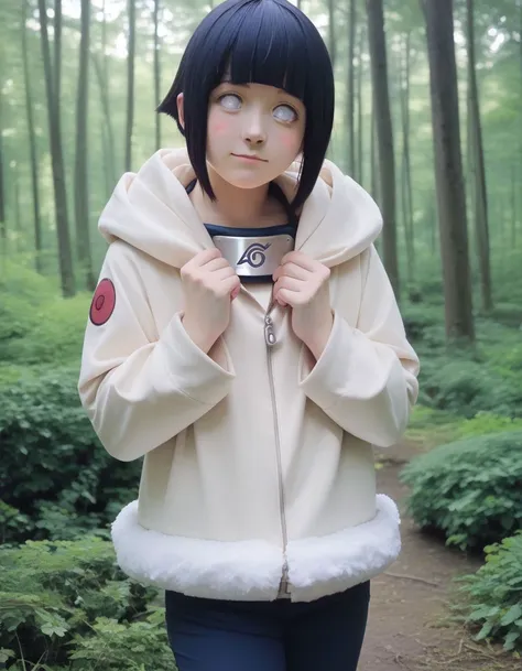 score_9, score_8_up, score_7_up, best quality, masterpiece, irl,realistic, 
hyuuga hinata, 1girl, solo, forest, smile, blush, nature, forehead protector, looking at viewer, tree, short hair, hood, pants, fur trim, hood down, outdoors, bangs, white eyes, blue pants, jacket, bush, konohagakure symbol, closed mouth, long sleeves, black hair, blunt bangs, cowboy shot,
 <lora:HinataGeninXL:0.6>  hyuuga hinata, 1girl, black hair, short hair, white eyes, no pupils