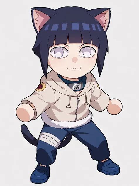 score_9, score_8_up, score_7_up, BREAK,
1girl, necoarc, cat ears, shalltear,
hyuuga hinata, short hair, black  hair, no pupils, blunt bangs, shiny hair, white eyes, hoodie, hood down, long sleeves, fur trim, capri pants,
chibi, slit pupils, solo, full body, white background <lora:necoarc-guy-PONY-v1:1>     <lora:HinataGeninXL:1>