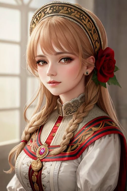 a beautiful england woman wearing traditional wears, (masterpiece), (portrait), (raw photo), (extremely detailed CG unity 8k wallpaper) Intricate, Sharp focus, dramatic, photorealistic art