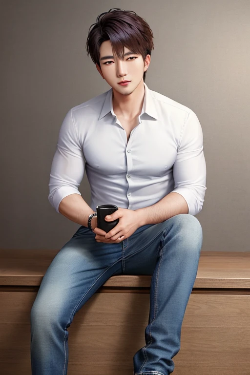 a hansome korean man wearing jeans with big eyes, (masterpiece), (portrait), (raw photo), (extremely detailed CG unity 8k wallpaper) Intricate, Sharp focus, dramatic, photorealistic art