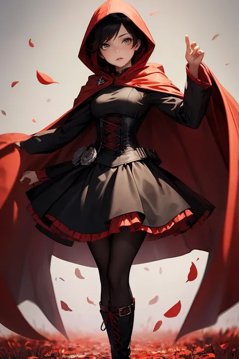 (masterpiece, best quality), 1girl, <lora:ruby_rose:0.8> ruby_rose, cape, dress, red cape, crescent rose, boots, pantyhose, hood, petals, corset