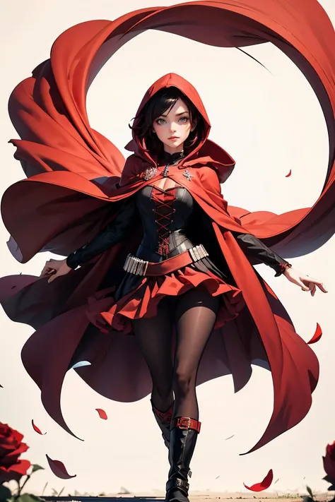 (masterpiece, best quality), 1girl, <lora:ruby_rose:0.8> ruby_rose, cape, dress, red cape, crescent rose, boots, pantyhose, hood, petals, corset