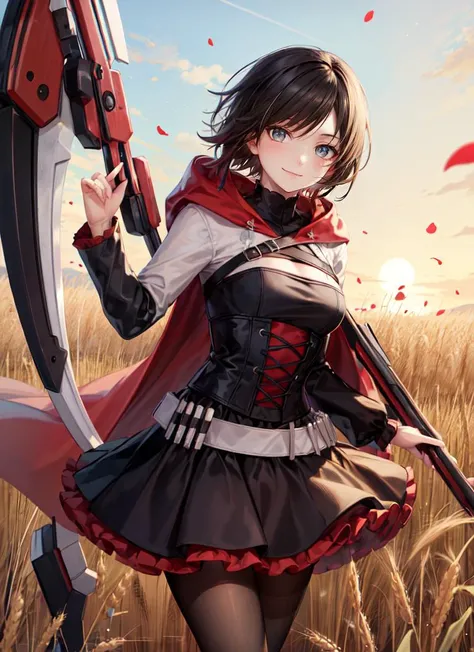 ((best quality)), ((highly detailed)), masterpiece, absurdres, detailed face, beautiful face, (detailed eyes, deep eyes), (1girl), different views, dynamic pose, cowboy shot, <lora:hairdetailer:.7>, <lora:ruby_rose:.8>, ruby_rose, grey eyes, black hair, red tips, smiling, cape, dress, red cape, crescent rose, boots, pantyhose, hood, petals, corset, scythe, holding scythe, (in a wheat field, dawn, sunrise)