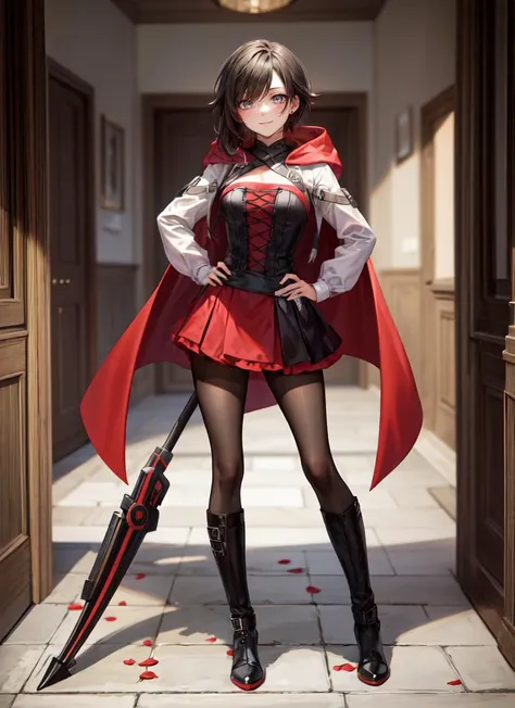 ((best quality)), ((highly detailed)), masterpiece, absurdres, (detailed eyes, deep eyes), (1girl), full body, contrapposto, hand on hip, <lora:hairdetailer:.8>, <lora:ruby_rose:.9>, ruby_rose, grey eyes, black hair, red tips, smiling, cape, dress, red cape, crescent rose, boots, pantyhose, hood, petals, corset, scythe, holding scythe, (inside, at a hallway)