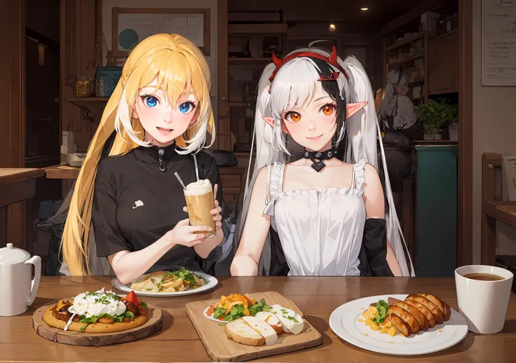 2woman、2 girls, OL、OL、drunk、slightly drunk、blush,drunkenness、Number of people、Izakaya、dumpling、dumpling、Beer 、sit facing each other、front composition, (small breasts:1.4), (topless:1.2)