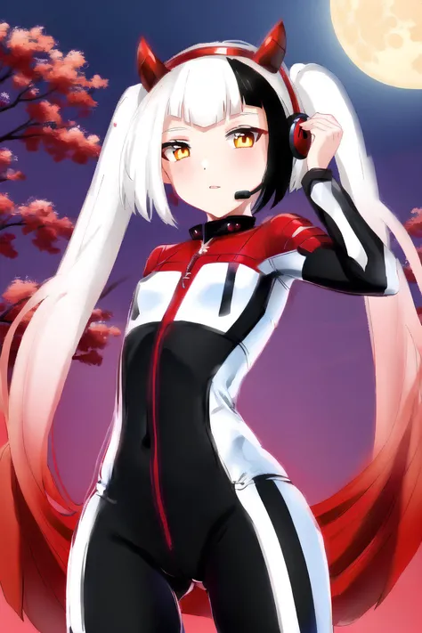 1girl, <lora:charlotte3:0.9>, two-tone hair, white hair, black hair, twintails, long hair, orange eyes, fake horns, small breasts, bodysuit, breasts, cosplay, full moon, interface headset, looking at viewer, moon, plugsuit, solo, twintails, white bodysuit