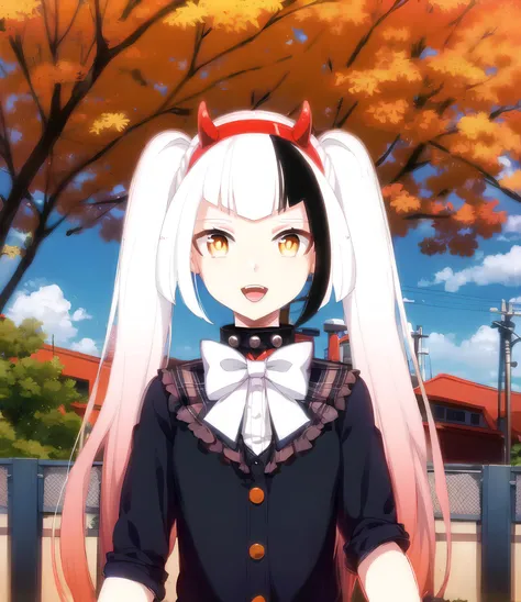 1girl, <lora:charlotte3:0.95>, two-tone hair, white hair, black hair, twintails, long hair, orange eyes, fake horns, alternate costume, bow, building, buttons, chain-link fence, commentary, distortion, fence, gakuran, high collar, highres, looking at viewer, making faces, octopachi, open mouth, outdoors, overcast, power lines, raised eyebrows, sanpaku, school uniform, solo, straight-on, swept bangs, tongue, tongue out, transmission tower, tree, upper body, vocaloid, white bow