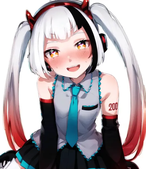 1girl, <lora:charlotte3:0.95>, two-tone hair, white hair, black hair, twintails, long hair, orange eyes, fake horns, aqua nails, aqua necktie, arm support, black footwear, black skirt, boots, bright pupils, character name, detached sleeves, grey shirt, hair flowing over, hand on headphones, hand up, hatsune miku, head tilt, headphones, highres, light blush, looking at viewer, microphone, necktie, number tattoo, open mouth, pleated skirt, shirt, simple background, sitting, skirt, sleeveless, sleeveless shirt, smile, solo, tattoo, thigh boots, twintails, vocaloid, wariza, white background, white pupils, zettai ryouiki