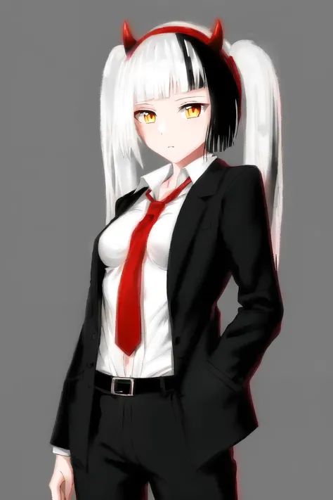 1girl, <lora:charlotte3:0.95>, two-tone hair, white hair, black hair, twintails, long hair, orange eyes, fake horns, (medium breasts:1.2), collared shirt, cowboy shot, formal, grey background, greyscale, hand in pocket, jacket, long sleeves, looking to the side, loose necktie, monochrome, necktie, open clothes, pants, realistic, shirt, simple background, solo, suit, unbuttoned, undone necktie
