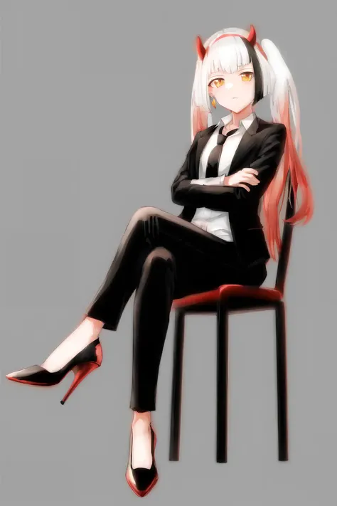 1girl, <lora:charlotte3:0.95>, two-tone hair, white hair, black hair, twintails, long hair, orange eyes, fake horns, black jacket, black necktie, black pants, chair, closed mouth, collared shirt, crossed arms, crossed legs, earrings, full body, grey background, high heels, jacket, jacket on shoulders, jewelry, long sleeves, looking at viewer, necktie, on chair, pants, shirt, shoes, simple background, sitting, solo, stiletto heels, white footwear, white shirt