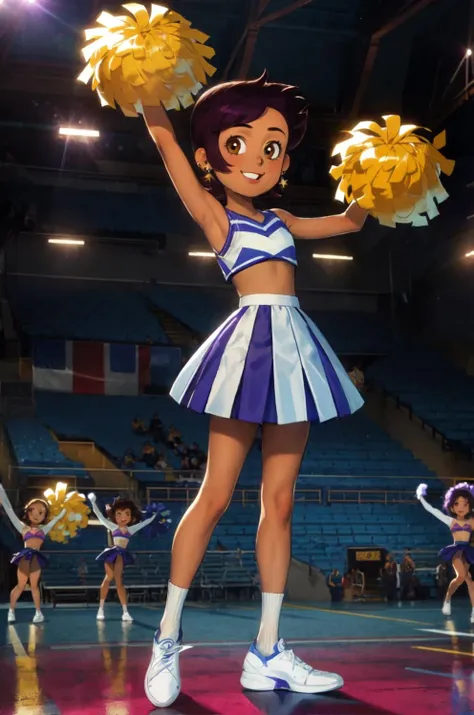 masterpiece, high quality, highres,  <lora:LuzNoceda V01 SD1.5:1> luz_noceda, 1girl, flat chest, looking at viewer, smile, short hair, brown hair, brown eyes, jewelry, standing, full body, purple hair, earrings, shoes, dark skin, white footwear, cheerleader, pom pom (cheerleading)