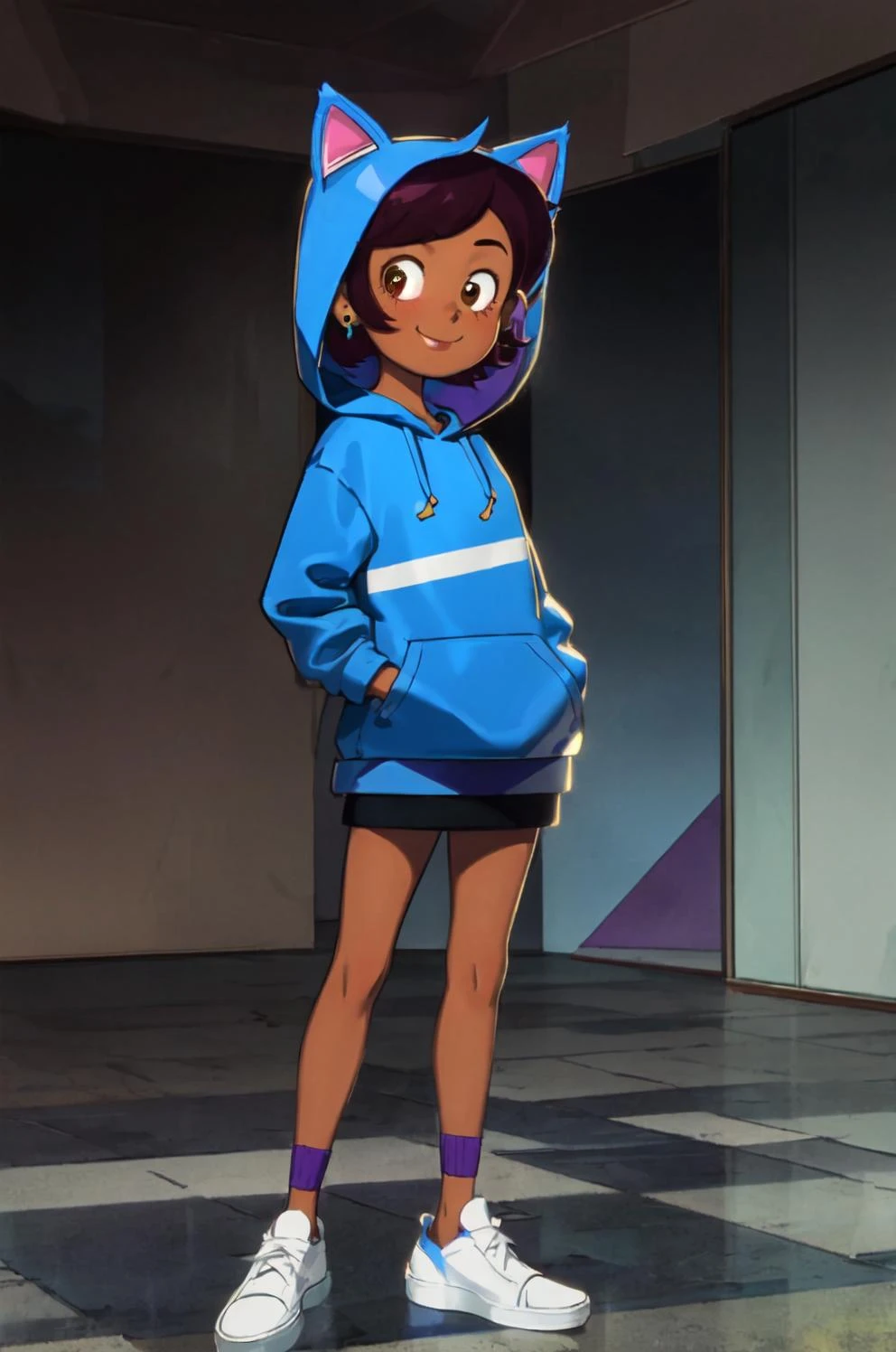 masterpiece, high quality, highres, <lora:LuzNoceda V01 SD1.5:1> luz_noceda, 1girl, flat chest, looking at viewer, smile, short hair, brown hair, brown eyes, jewelry, standing, full body, purple hair, earrings, shoes, dark skin, white footwear, cat ears, hood, hoodie, fake animal ears, hood up, animal hood, cat hood,