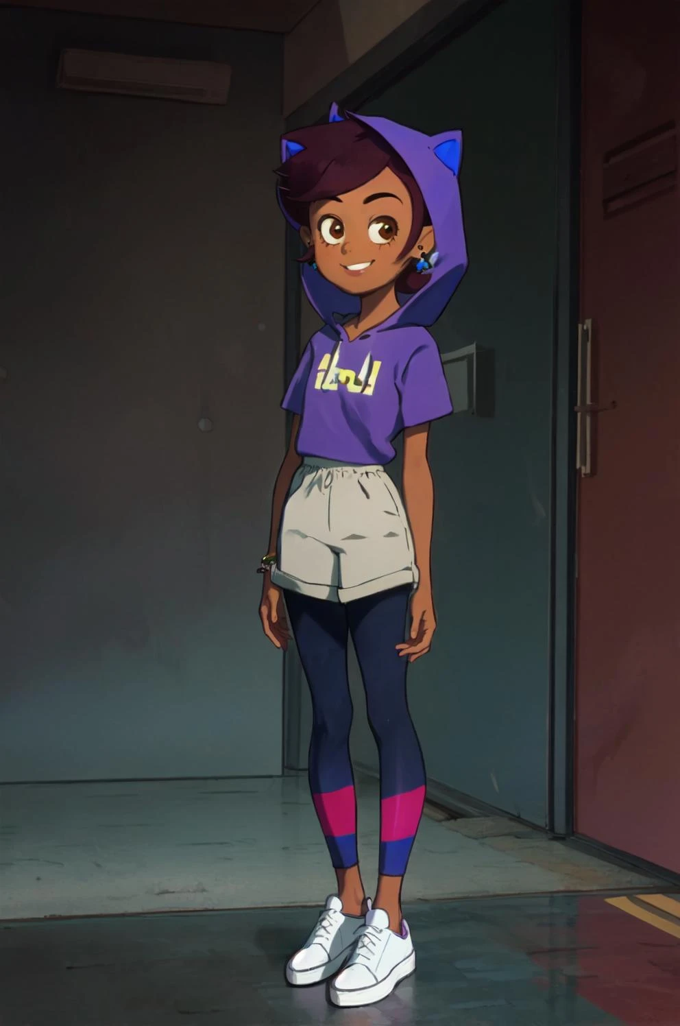 masterpiece, high quality, highres, <lora:LuzNoceda V01 SD1.5:1> luz_noceda, 1girl, flat chest, looking at viewer, smile, short hair, brown hair, brown eyes, jewelry, standing, full body, purple hair, earrings, shoes, shorts, dark skin, white footwear, leggings, hoodie, short sleeves