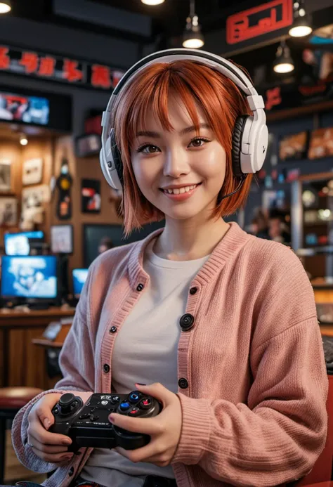 (medium full shot) of (cool gamer) young woman, chinese, light skin, light brown eyes, full-figured build, short red bob hair, wearing a orange cardigan , sports pants with sleek design, platform shoes, wearing a gaming headset, holding a game controller, gaming console, set in  a trendy gaming cafe, featuring modern design, sleek furniture, vibrant ambiance, and gaming-themed decorations, at night, woman smiling, ,Masterpiece,best quality, photo, realistic, very aesthetic