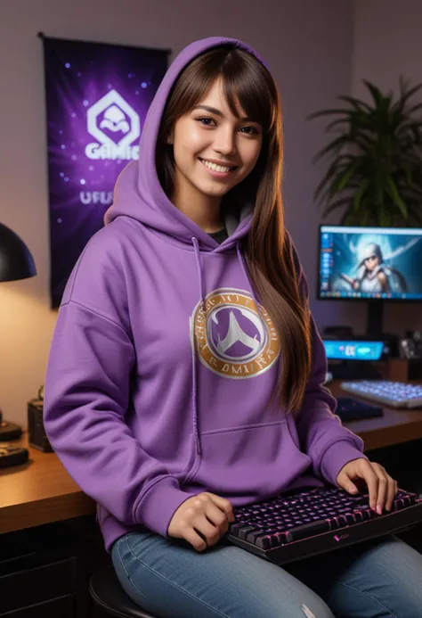 (medium full shot) of (cool gamer) young woman, native american, mahogany skin, brown eyes, voluptuous build, extra long hazel curtain bangs hair, wearing a purple oversized hoodie  with game logo, skinny jeans, combat boots, gaming necklace, holding a gaming mouse, mechanical keyboard, customized laptop, set in  a minimalist gaming room, with clean lines, sleek furniture, subtle lighting, and organized gaming accessories, at night, woman smiling, Masterpiece,best quality, photo, realistic, very aesthetic, detailed face,