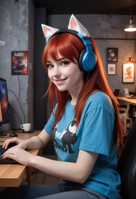 (medium full shot) of (energetic gamer) young woman, swedish, fair skin, brown eyes, Average build, extra long red bangs hair, wearing a blue short sleeve t-shirt , skinny jeans, platform shoes, wearing cat ear headphones, holding a gaming mouse, gaming PC, set in  a cozy gaming cafe, with comfortable seating, gaming stations, stylish decor, and a relaxed atmosphere, at sunset, woman smiling, ,Masterpiece,best quality, raw photo, realistic, very aesthetic, dark