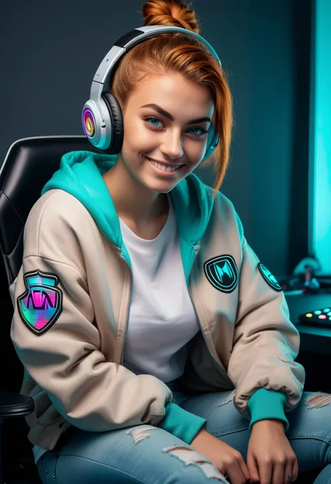 (medium full shot) of (vibrant gamer) young woman, italian, tan skin, turquoise eyes, willowy build, medium ginger low bun hair, wearing a silver casual jacket with patches with game logo, skinny jeans, platform shoes, hoodie with gamer logo, holding a gaming mouse, gaming PC, set in  a trendy streaming studio, with RGB lighting, professional microphone, comfy chair, and stylish backdrop, at night, woman smiling, ,Masterpiece,best quality, raw photo, realistic, very aesthetic