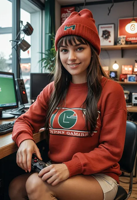 (medium full shot) of (trendy gamer) young woman, swedish, tan skin, dark green eyes, slender build, extra long dark bangs hair, wearing a red sweater with game logo, sports pants with sleek design, gaming-themed shoes, cool beanie, holding a gaming mouse, gaming PC, set in  a retro gaming cafe, featuring vintage consoles, nostalgic decor, comfortable seating, and classic games, at dusk, woman smiling, ,Masterpiece,best quality, photo, realistic, very aesthetic, detailed face,