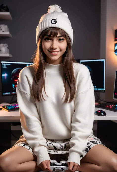 (medium full shot) of (stylish gamer) young woman, brazilian, tan skin, hazel eyes, petite build, extra long hazel bangs hair, wearing a white sweater , midi skirt with gamer prints, slip-ons with gamer prints, cool beanie, holding a gaming mouse, gaming PC, set in  a minimalist gaming room, with clean lines, sleek furniture, subtle lighting, and organized gaming accessories, at dusk, woman smiling, ,Masterpiece,best quality, raw photo, realistic, very aesthetic, dark