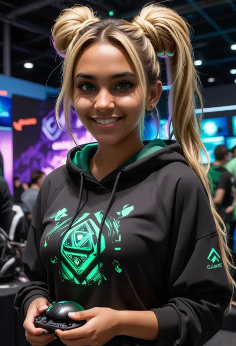 (medium full shot) of (fun gamer) young woman, native american, ebony skin, jade green eyes, willowy build, medium blonde messy bun hair, wearing a black athletic dress with game designs with game logo, moccasins with gamer prints, hoodie with gamer logo, holding a gaming mouse, gaming PC, set in  a vibrant gaming convention, with bright lights, engaging activities, modern exhibits, and trendy decor , at dusk, woman smiling, ,Masterpiece,best quality, raw photo, realistic, very aesthetic, dark