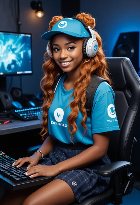 (medium full shot) of (dynamic gamer) young woman, african, dark skin, black eyes, Average build, long ginger wavy down hair, wearing a blue character dress with themed elements , combat boots, snapback cap, holding a gaming mouse, mechanical keyboard, customized laptop, set in  a trendy streaming studio, with RGB lighting, professional microphone, comfy chair, and stylish backdrop, woman smiling, Masterpiece,best quality, photo, realistic, very aesthetic, detailed face,