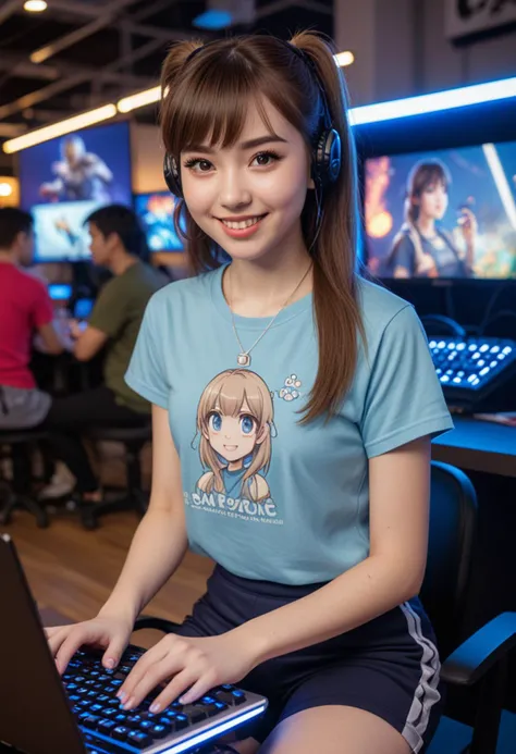 (medium full shot) of (cute gamer) young woman, philippine, pale skin, light brown eyes, normal build, short dark bangs hair, wearing a blue graphic tee , activewear pants with sleek design, sneakers, gaming necklace, holding a gaming mouse, mechanical keyboard, customized laptop, set in  a vibrant gaming convention, with bright lights, engaging activities, modern exhibits, and trendy decor , at dusk, woman smiling, Masterpiece,best quality, photo, realistic, very aesthetic, detailed face,