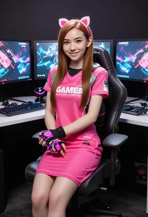 (medium full shot) of (trendy gamer) young woman, thai, fair skin, brown eyes, petite build, extra long ginger straight down hair, wearing a neon pink fitted dress with game designs with game logo, slip-ons with gamer prints, fingerless gloves, holding a gaming mouse, gaming PC, set in  a competitive e-sports arena, with large screens, energetic crowd, professional gaming chairs, and stylish team uniforms, woman smiling, ,Masterpiece,best quality, raw photo, realistic, very aesthetic, dark