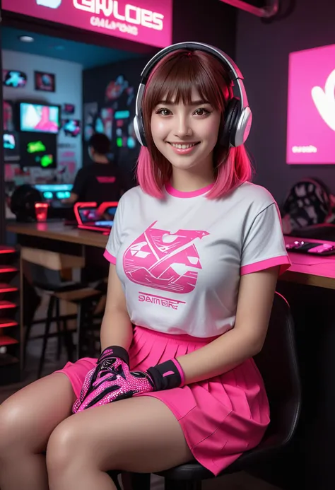 (medium full shot) of (trendy gamer) young woman, philippine, fair skin, hazel eyes, busty build, medium red curtain bangs hair, wearing a neon pink graphic tee with game logo, midi skirt with gamer prints, slip-ons with gamer prints, fingerless gloves, using a VR headset, set in  a cozy gaming cafe, with comfortable seating, gaming stations, stylish decor, and a relaxed atmosphere, at dusk, woman smiling, ,Masterpiece,best quality, raw photo, realistic, very aesthetic, dark