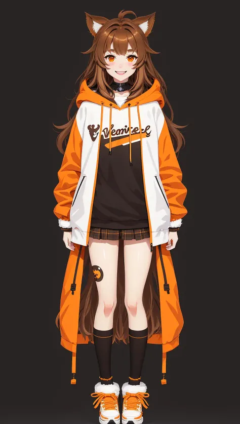 vtubermodel of 1girl , brown hair , orange eyes , green hoodie, fluffy weasel ears , high quality , extra detailed , rendered, (white background:1.2), full body, smiling, sharp face<lora:VtuberMakerV2:0.75>