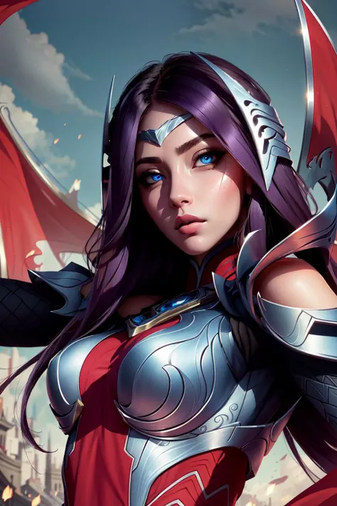 best quality, intricate details, 
1girl,      <lora:Irel-10:0.8>long hair, ((blue eyes)), solo, black hair, Irelia, looking at viewer, purple hair, armor, lips, shoulder armor, foreshortening, symmetrical eyes, sexy pose, medieval background, medium breasts, breasts focus, 
 <lora:AnimePunk:0.8>