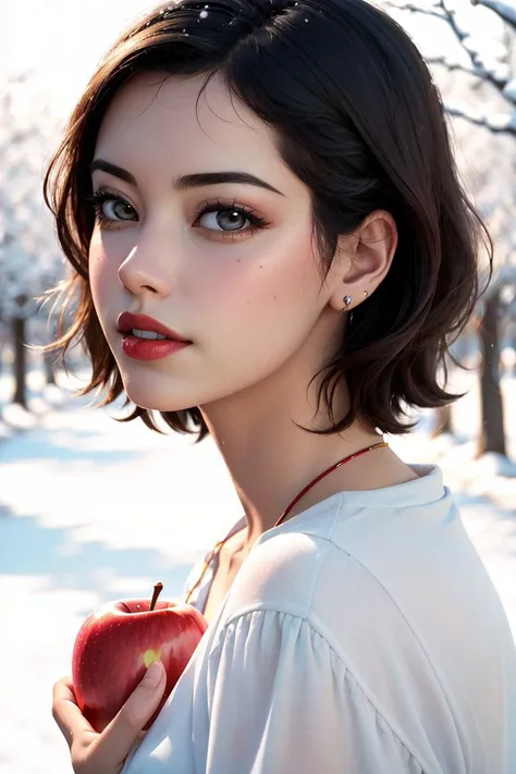 PhoebeCates-chz cosplay, Disney, please don't sue me, (hyperdetailed) (hyperrealistic:1.2) closeup portrait illustration of 1girl (as Disney's Snow White:1.2), short bob haircut, long blue dress with white accents, (detailed realistic skin, natural skin textures:1.3), (detailed face and eyes), (masterpiece, best quality:1.5), vivid colors, absurdres, soft lighting, (red lips), holding a shiny red apple, apple orchard in winter background, realistic,
