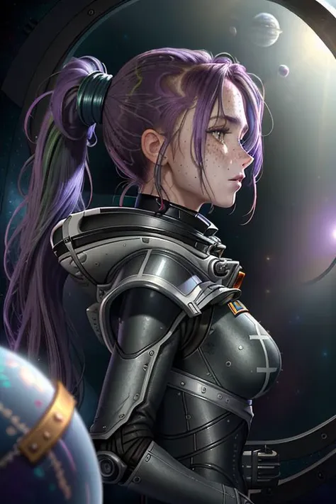 (8k uhd, masterpiece, best quality, high quality, absurdres, ultra-detailed, detailed background), space ship, large open space, observation deck, single large window, in space, earthlike planet in sunlight in background, single woman facing the viewer, serious expression, white and blue functional military service clothing, medium boobs, gradient hair, red hair, light pink hair, violet highlights, medium long ponytail, messy ponytail, green eyes, light freckles, back light, rim light, dramatic lighting