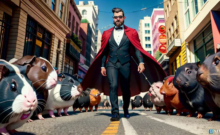 Supervillain, Chad Wyatt, Master of Guinea Pigs, man in a tuxedo, black and red opera cape, handlebar moustache, pointy beard, ((commanding a Horde of guinea pigs on the street in foreground)), (hyperdetailed:1.2), (hyperrealistic:1.3), (masterpiece:1.5), (best quality:1.4), bright colors, daylight, ruined city streets background, 8k cg wallpaper, trending on cg society