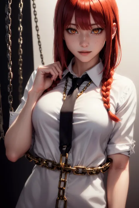 makima \(chainsaw man\), best quality, ultra detailed, 1girl, solo, standing, red hair, long braided hair, golden eyes, bangs, medium breasts, white shirt, necktie, stare, smile, (evil:1.2), looking at viewer, (interview:1.3), (dark background, chains:1.3) <lora:makima_offset:0.8>