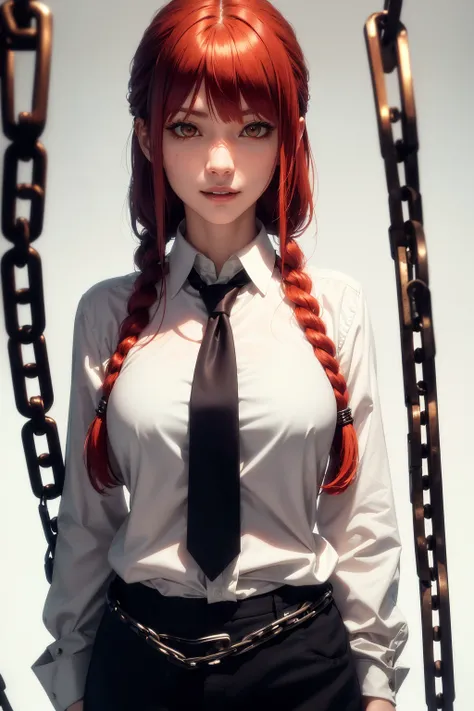 makima \(chainsaw man\), best quality, ultra detailed, 1girl, solo, standing, red hair, long braided hair, golden eyes, bangs, medium breasts, white shirt, necktie, stare, smile, (evil:1.2), looking at viewer, (interview:1.3), (dark background, chains:1.3) <lora:makima_offset:0.5>
