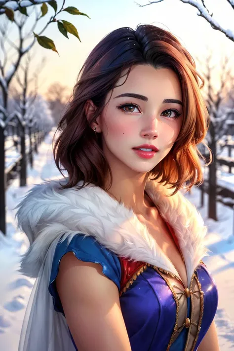 AgathaVega-chz cosplay, Disney, please don't sue me, (hyperdetailed) (hyperrealistic:1.2) closeup portrait illustration of 1girl (as Disney's Snow White:1.2), short bob haircut, long blue dress with white accents, (detailed realistic skin, natural skin textures:1.3), (detailed face and eyes), (masterpiece, best quality:1.5), vivid colors, absurdres, soft lighting, (red lips), holding a shiny red apple, apple orchard in winter background, realistic,